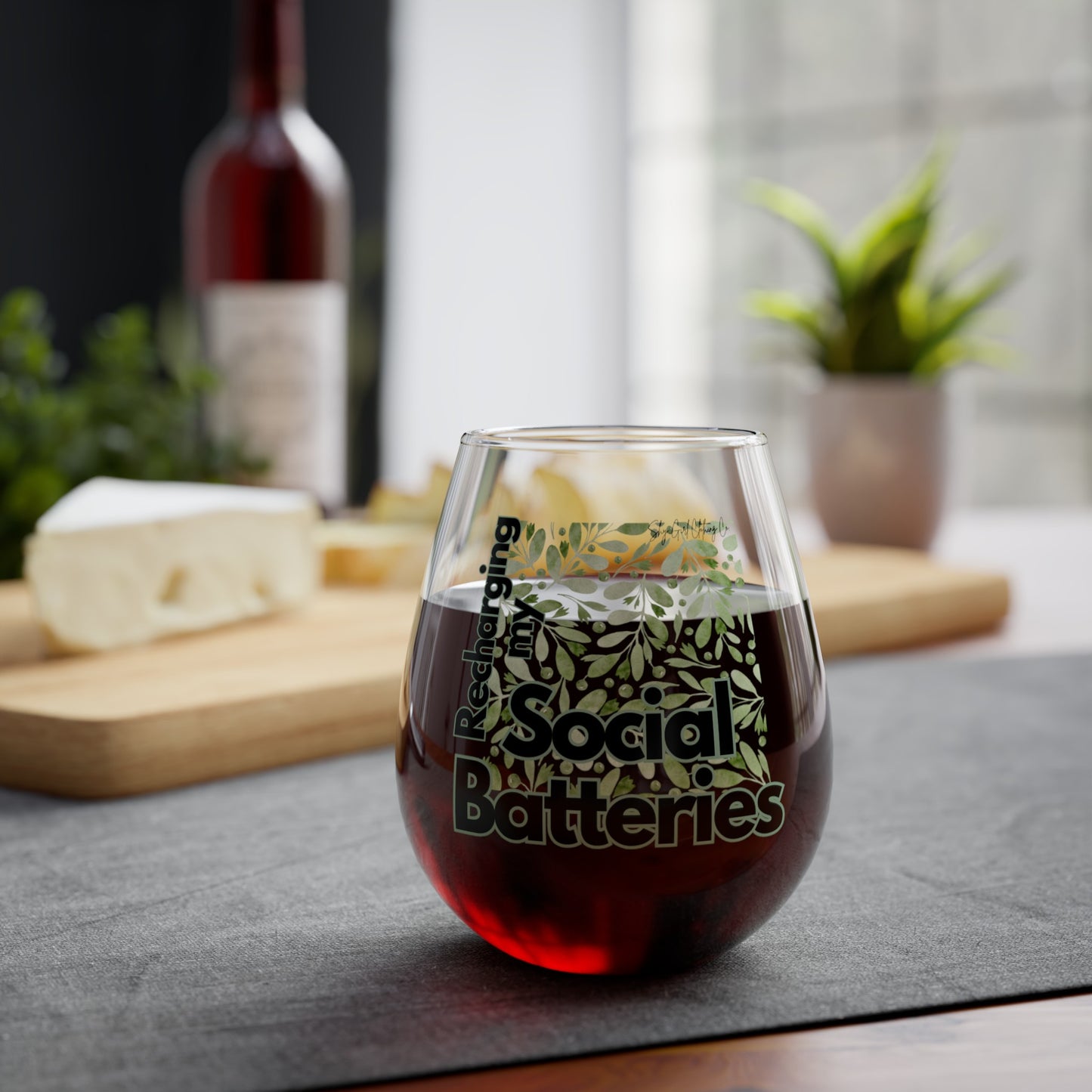 Recharging Social Batteries Stemless Wine Glass, 11.75oz- Floral Logo